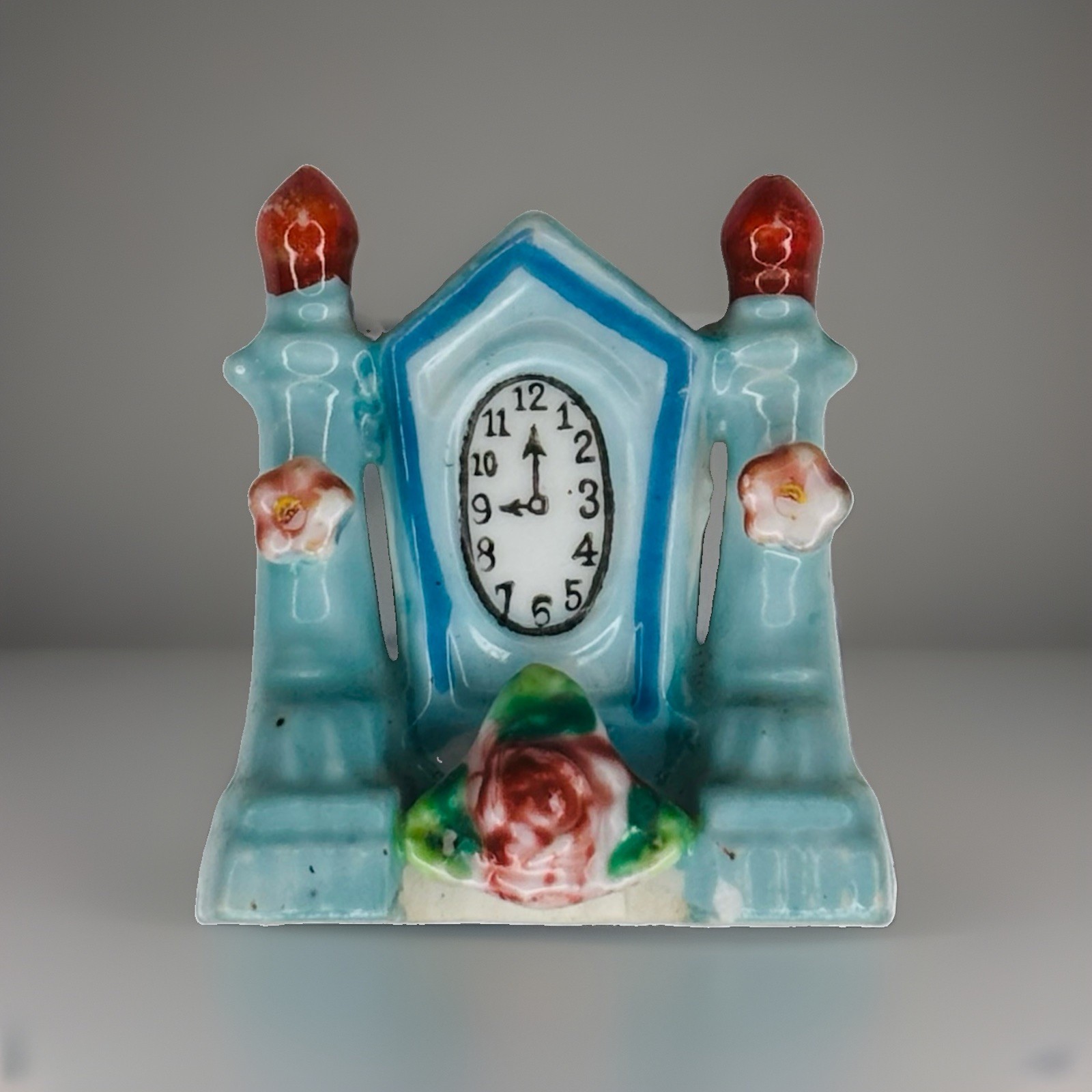 Vintage H Kato Occupied Japan Porcelain Miniature Mantel Clock Figurine Blue