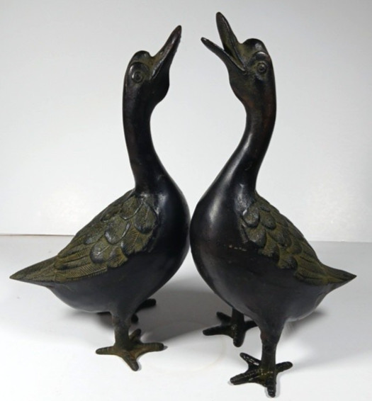 2 Vtg Cast Metal Geese Bronze Goose Duck Statues 11