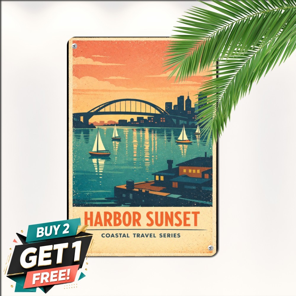 Sunset Harbor Sailboats Scenic Tin Sign 8x12 Coastal Ocean Nautical Decor