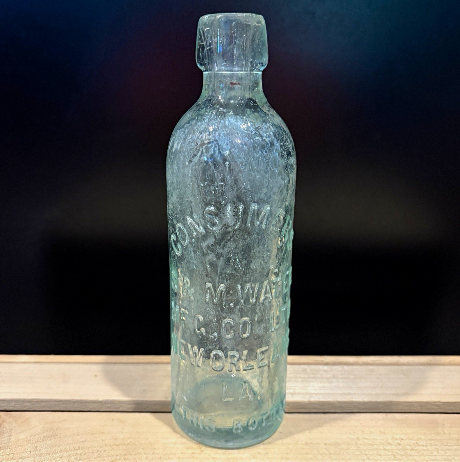 Antique Consumers S&M Water MF\'G Co New Orleans LA Aqua Glass Hutchinson Bottle