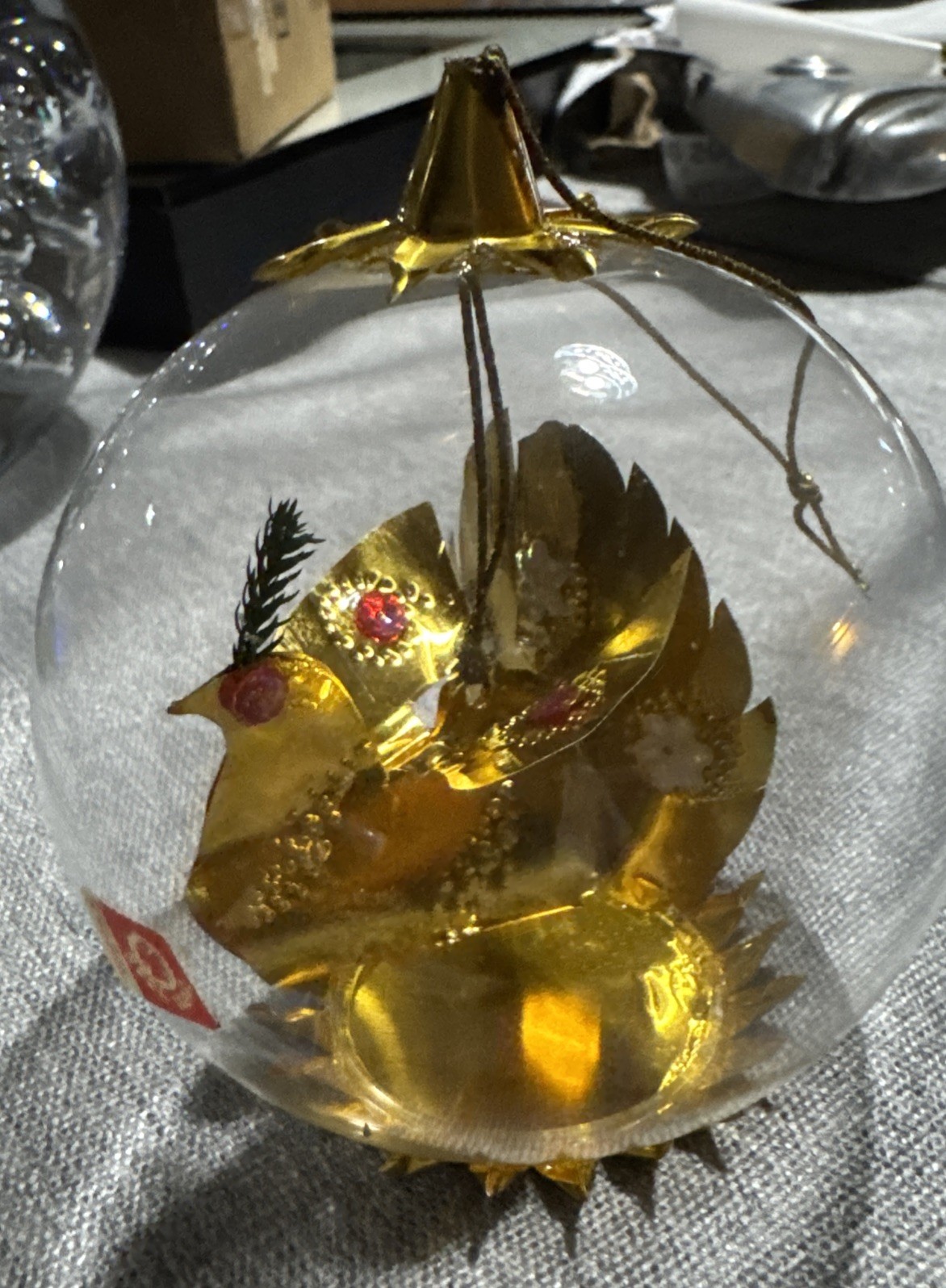 Vintage Resl Lenz Glass Christmas Ornament Gold Punched Foil Bird Spinner B