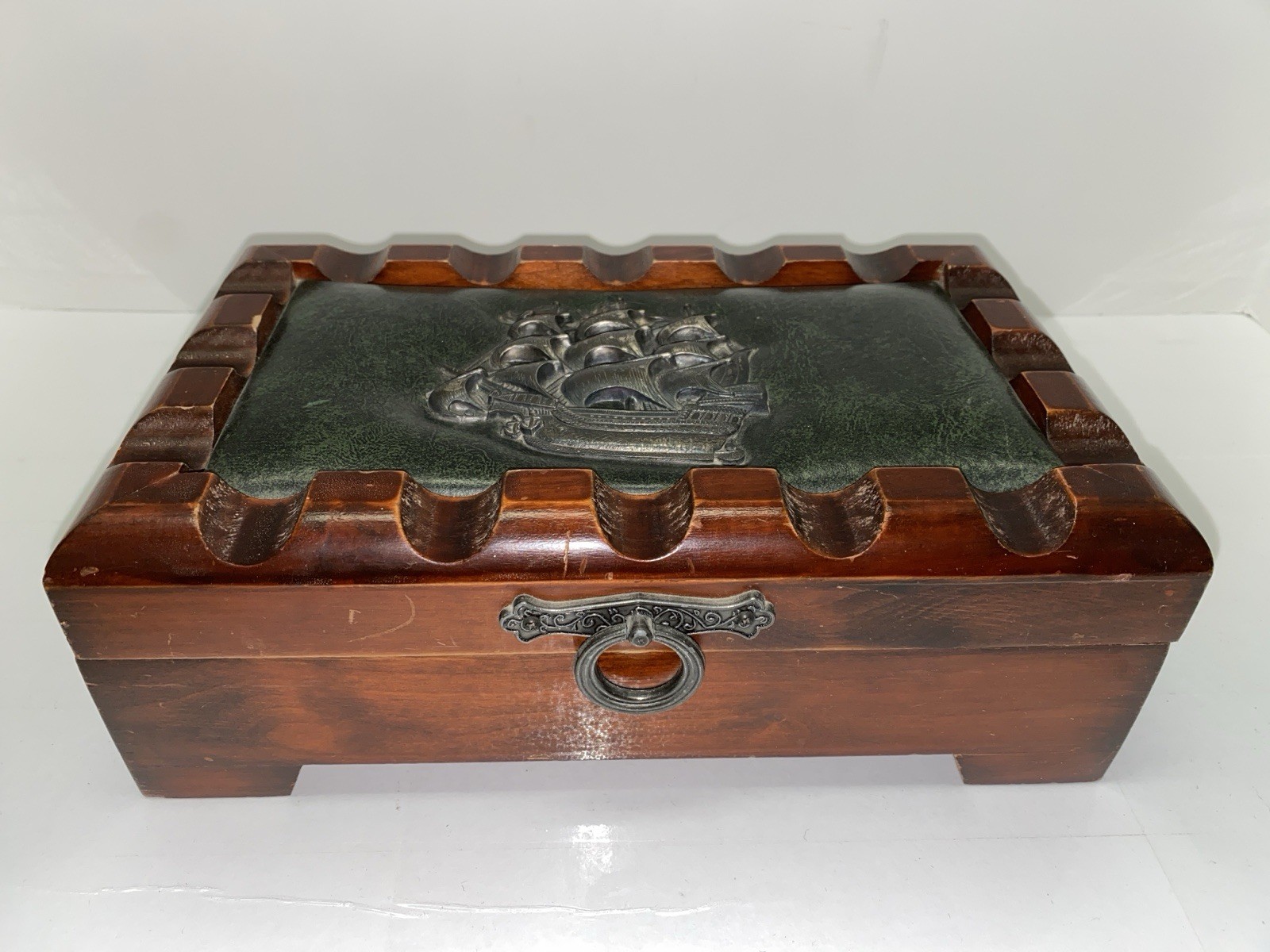 Vintage Beautiful Wooden, Leather Metal Ship Jewelry Box With AM Radio Japan