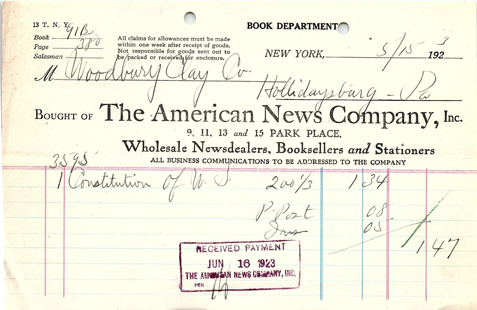 1923 American News Co. Book Dept. Billhead w/ payment stamp