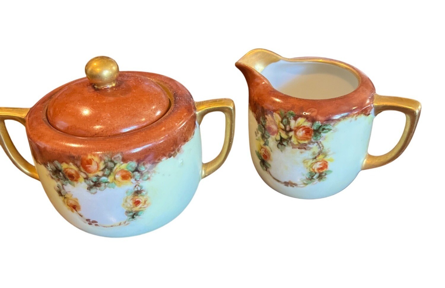 Geo Borgfeldt German orange Eleanor lusterware Floral Wreath variant sugar cream