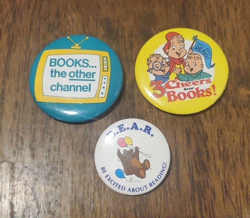 Vintage 1980-90s National Reading Books Campaign Button Pins Pinbacks Lot of 3 