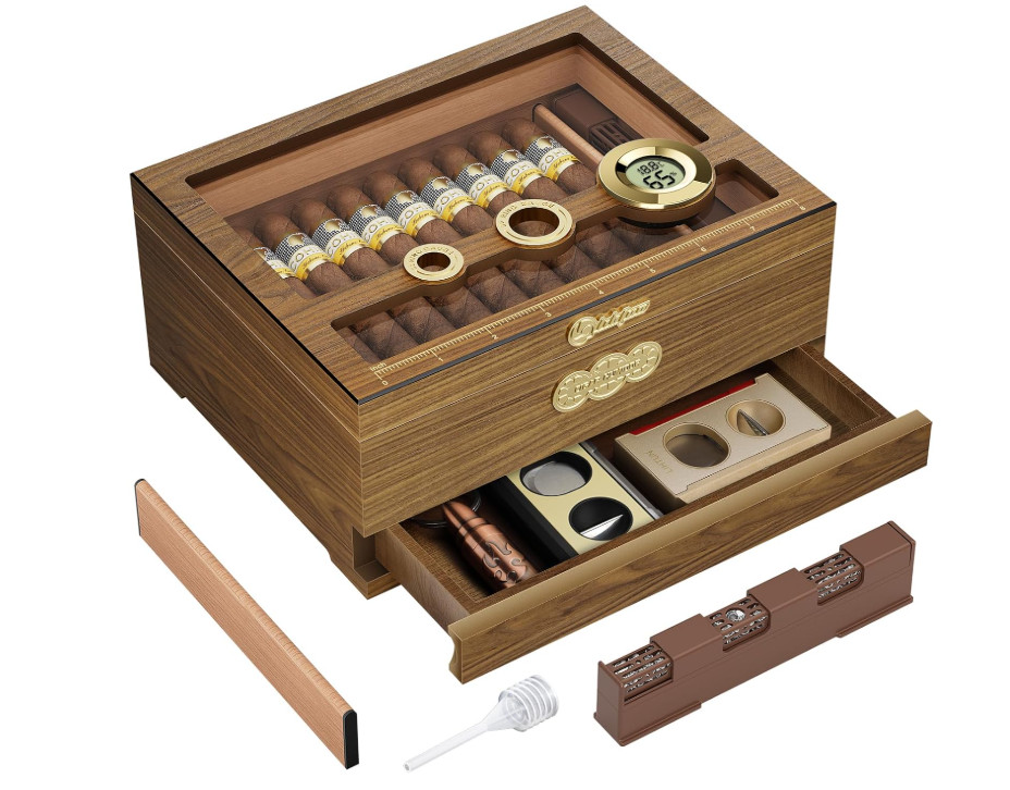 Glass Top Cigar Humidor Desktop Case Digital Hygrometer Humidifier Accessories