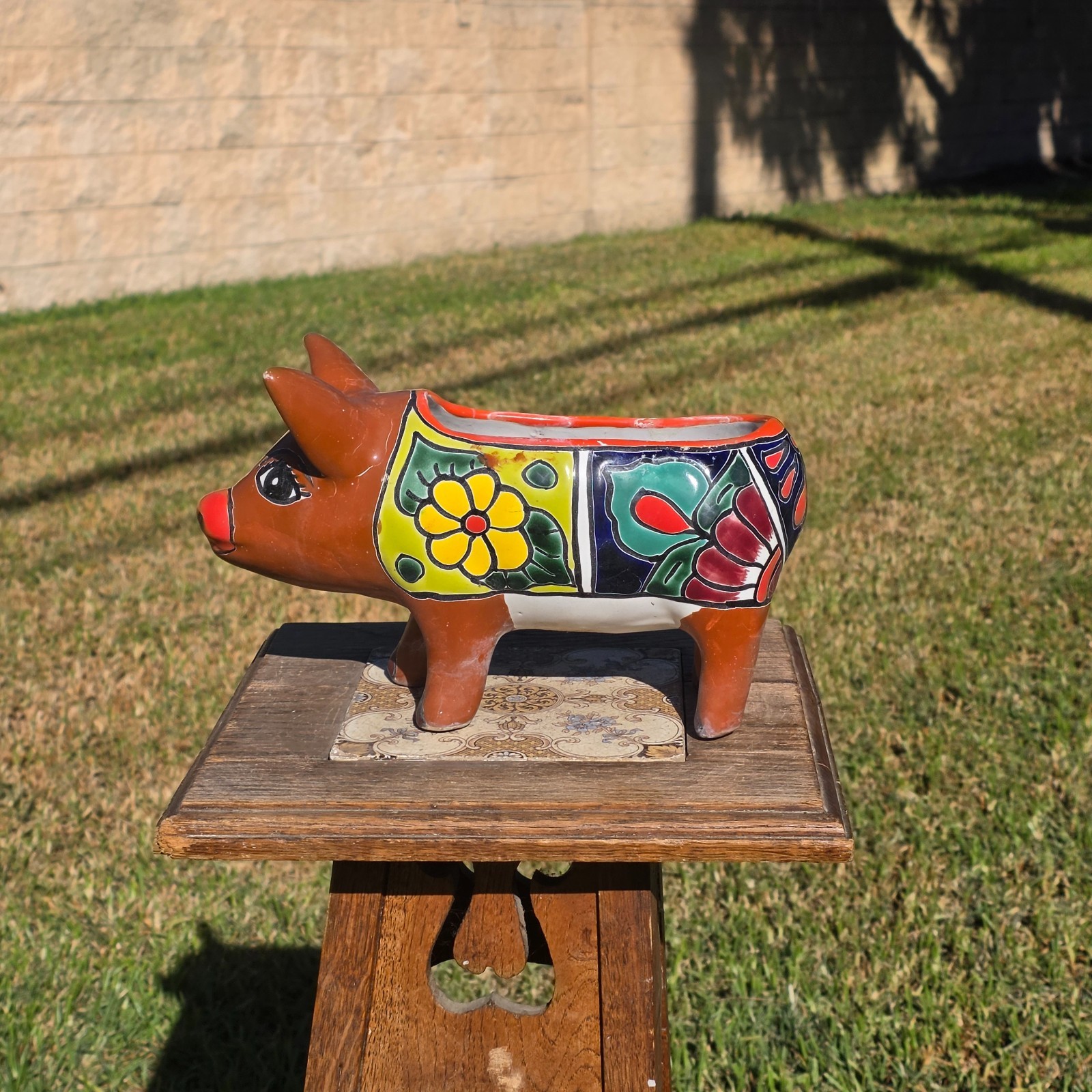 Vintage Talavera Pig Planter Mexico Ceramic Clay Flower Pot Folk Art Brown Blue Vintage Talavera Pig Planter Mexico Ceramic Clay Flower Pot Folk Art Brown Blue