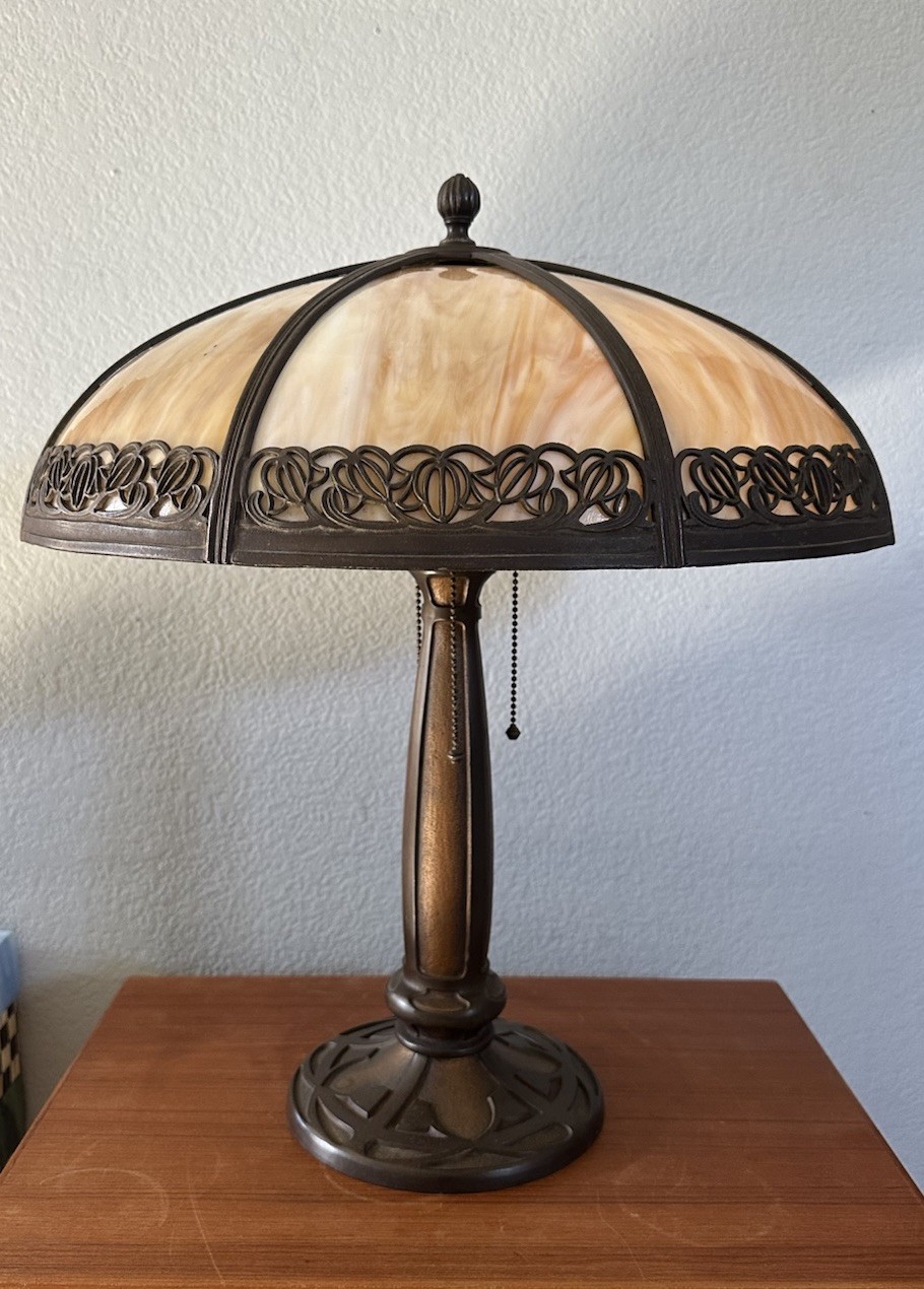 Early Antique Bradley & Hubbard ARTS & CRAFTS 3-Socket Slag Glass Panel Lamp