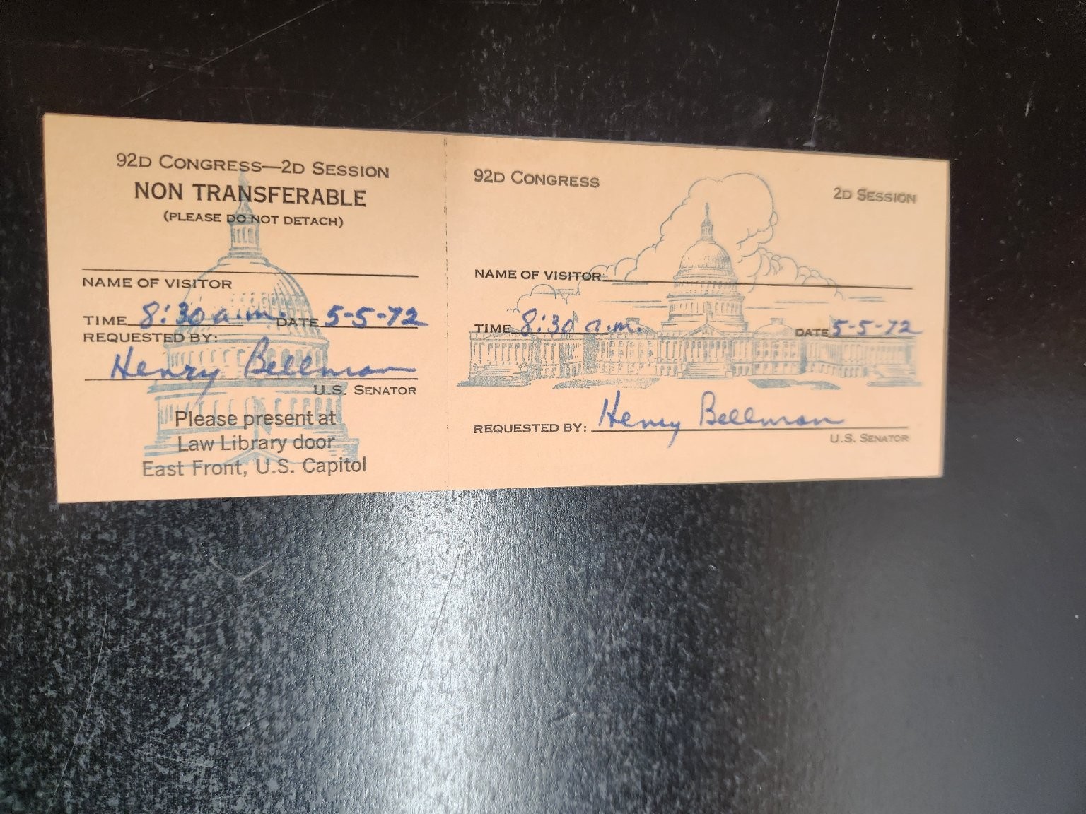 1972 US Capitol Visitor Pass Henry Bellmon 92nd Congress Ephemera