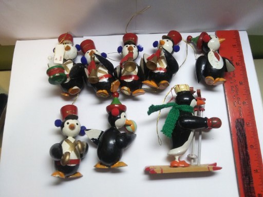 8 Vtg Wooden Painted Penguin Christmas Ornaments - Muscians & A Skier - Taiwan 8 Vtg Wooden Painted Penguin Christmas Ornaments - Muscians & A Skier - Taiwan