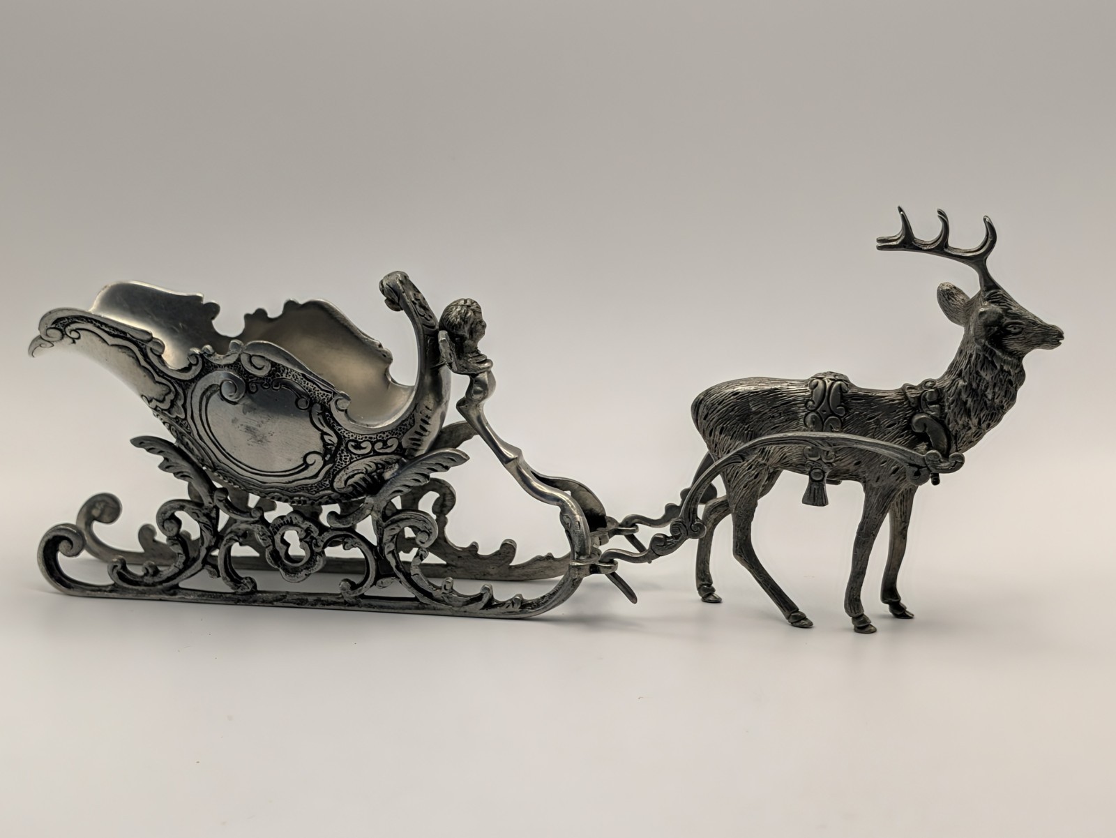 Vintage Pewter Sleigh & Reindeer Peltro 925 Made in Brazil Cristal CP Heavy