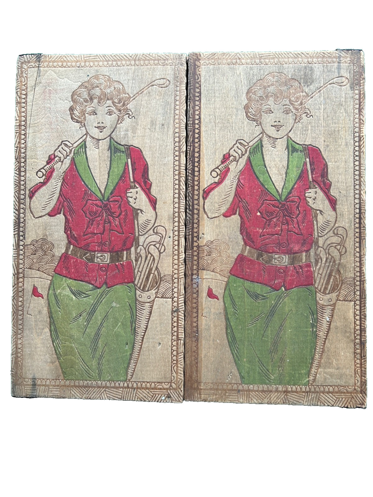 vintage pyrographic wooden box with lady golfer painted on hinged lids. vintage pyrographic wooden box with lady golfer painted on hinged lids.