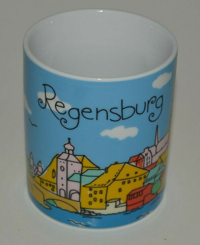 Nice Vintage REGENSBURG Bavaria St Peter's Church Blue Ceramic Coffee Mug Rare