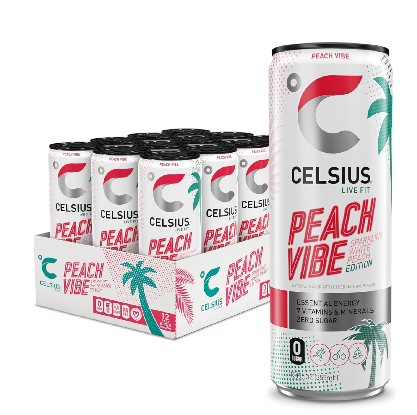 CELSIUS PEACH VIBE Sparkling White Peach Sugar Free Energy Drink 12 Fl Oz