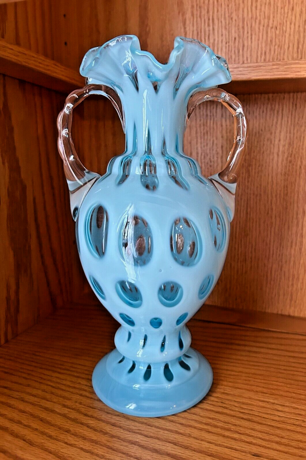 Fenton Blue Opalescent Coin Dot Double Handled Vase 10.5\