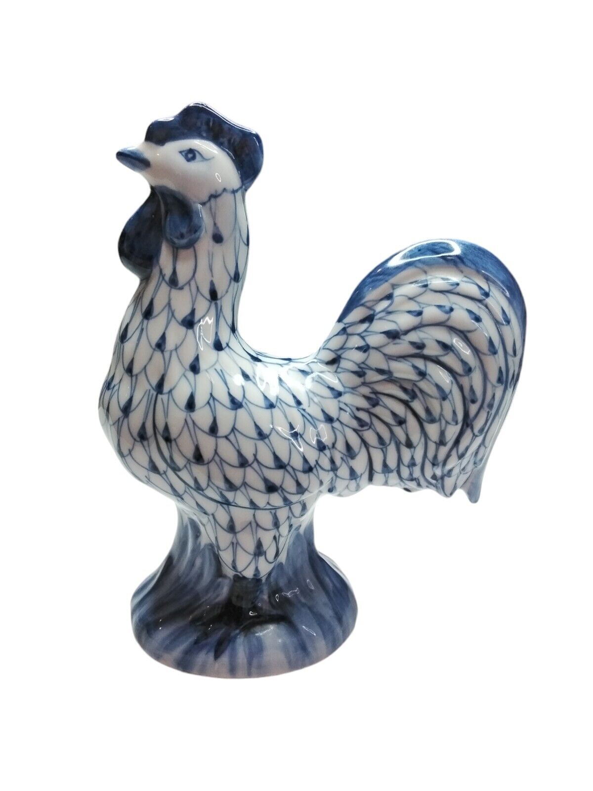 Ceramic Rooster Blue and White Hand Painted 7.5 inches tall