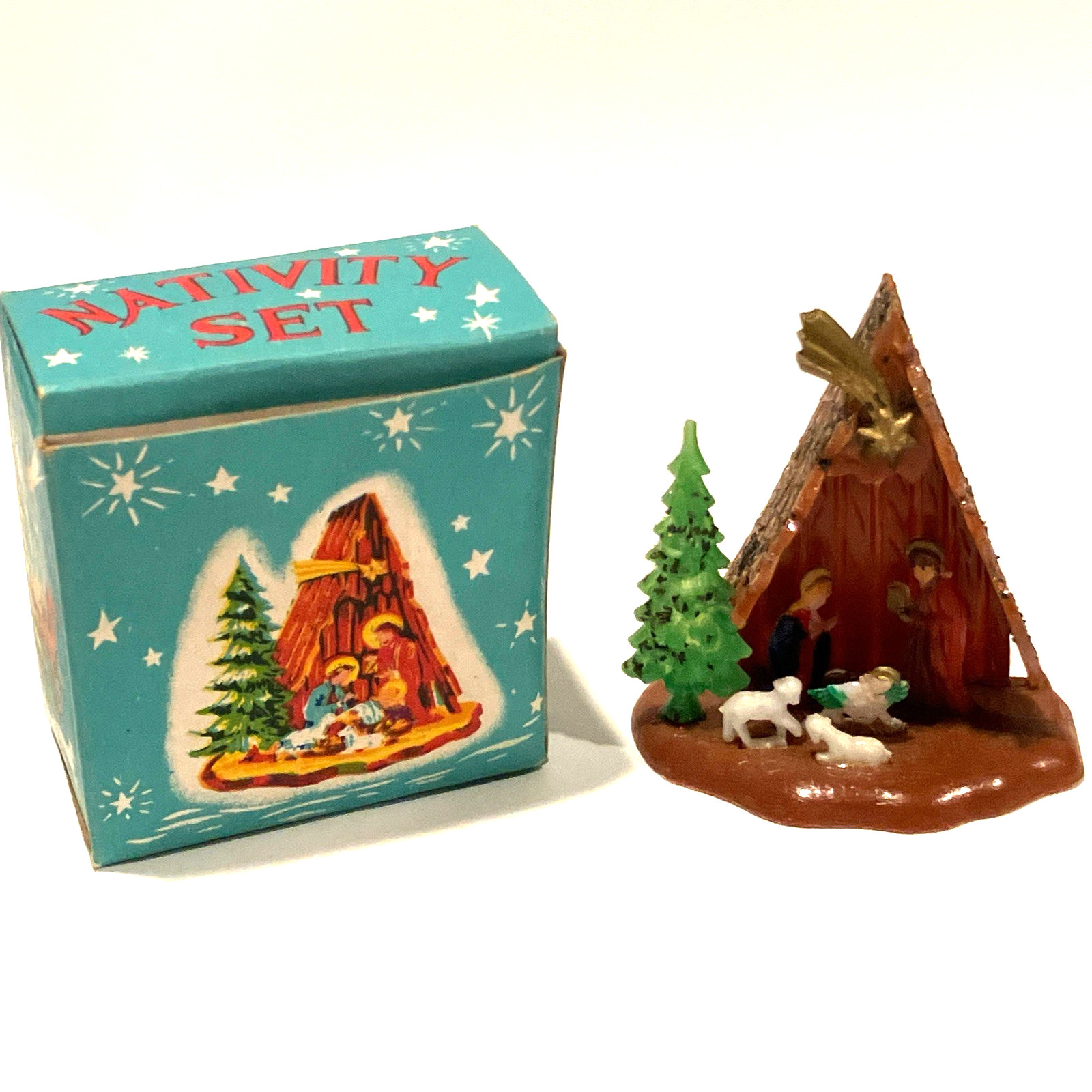 Vintage Hong Kong 2 Inch Plastic Nativity w Mica Glitter Original Box Mini Small