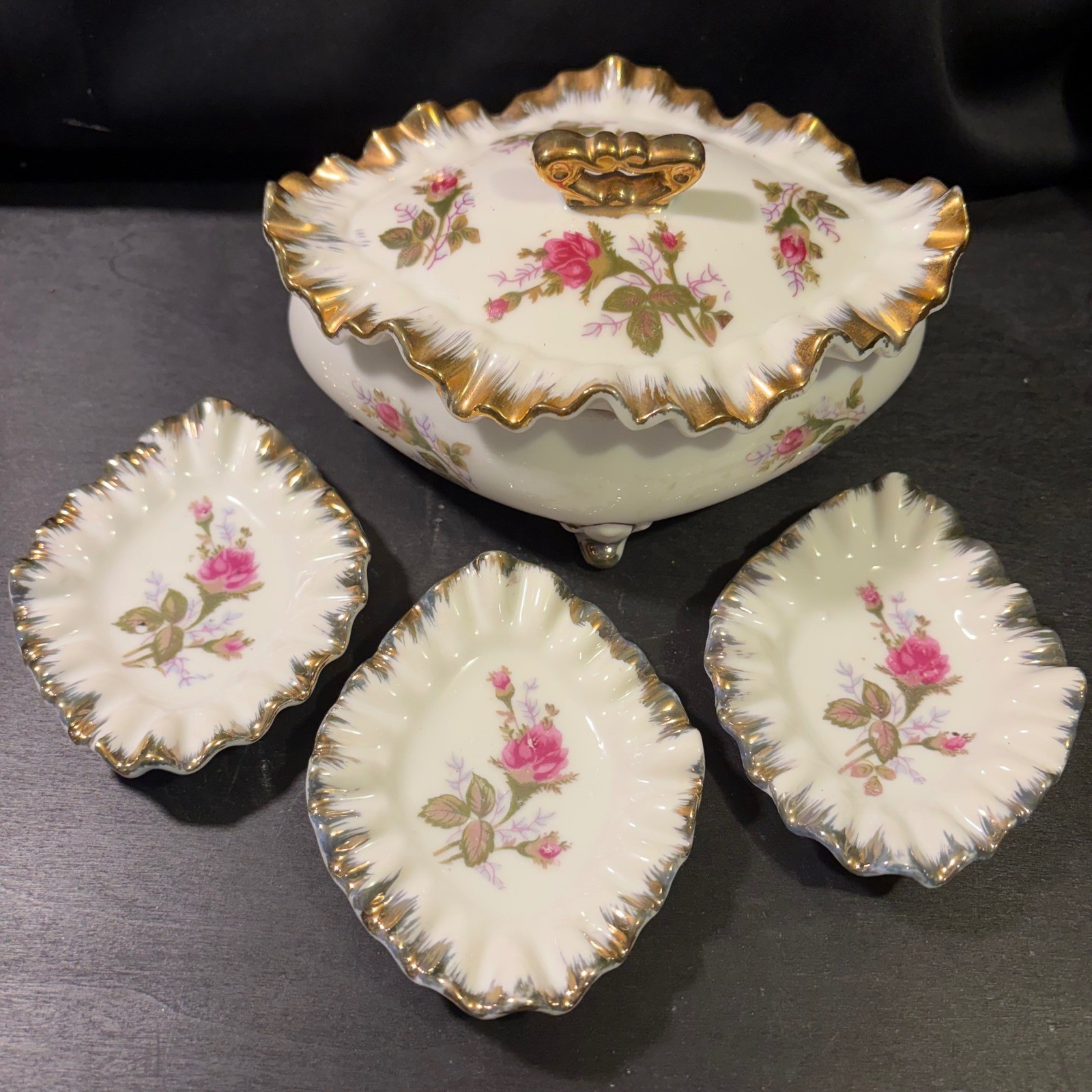 Vintage Japan Porcelain Rose Trinket Box and 3 Leaf Dishes Gold Gilt Set
