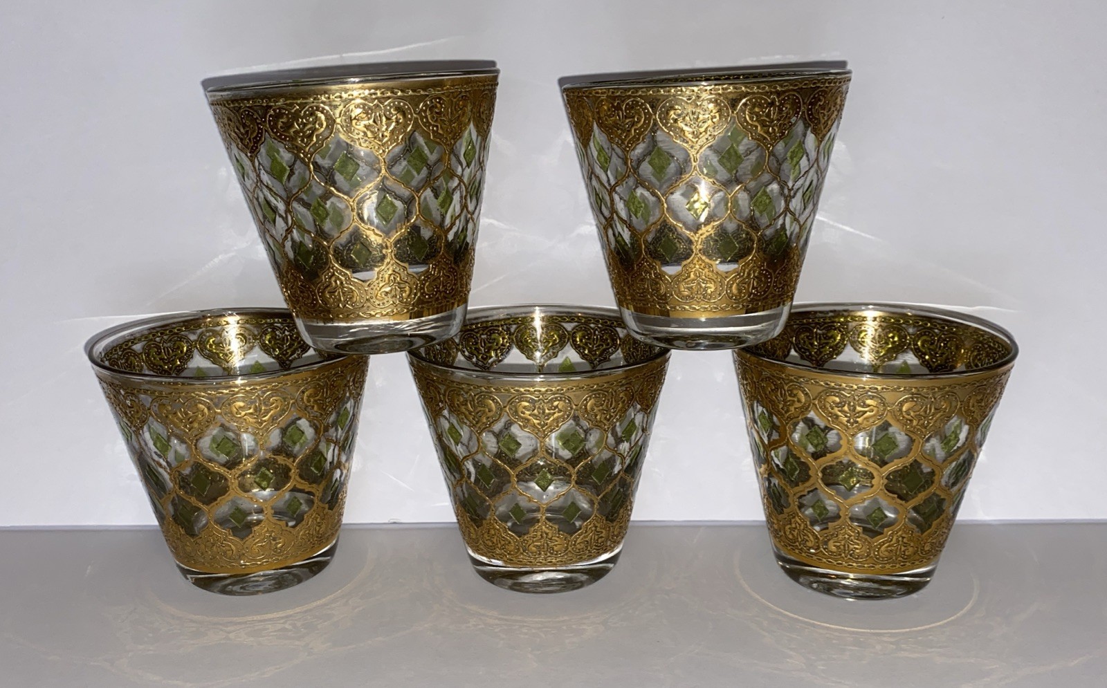 5 Vintage Culver Valencia MCM 22K Gold Green Diamond Whiskey Rocks Glasses 5 Vintage Culver Valencia MCM 22K Gold Green Diamond Whiskey Rocks Glasses