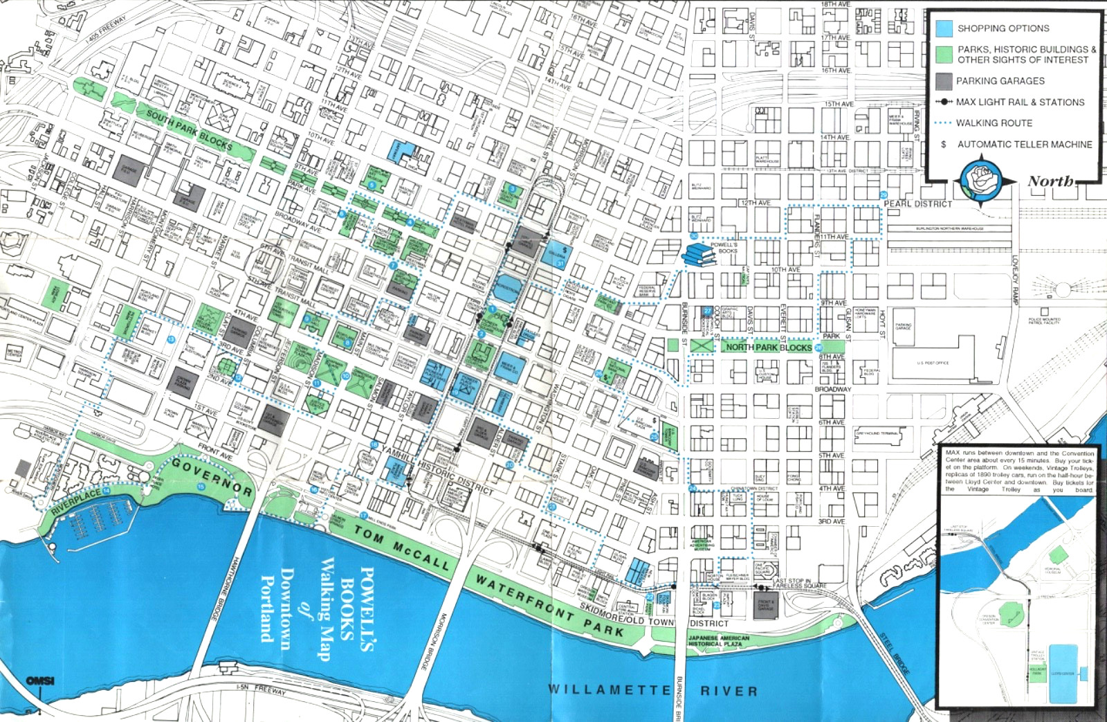 1995 POWELL\'S BOOKS WALKING MAP OF DOWNTOWN PORTLAND, OREGON tourist brochure
