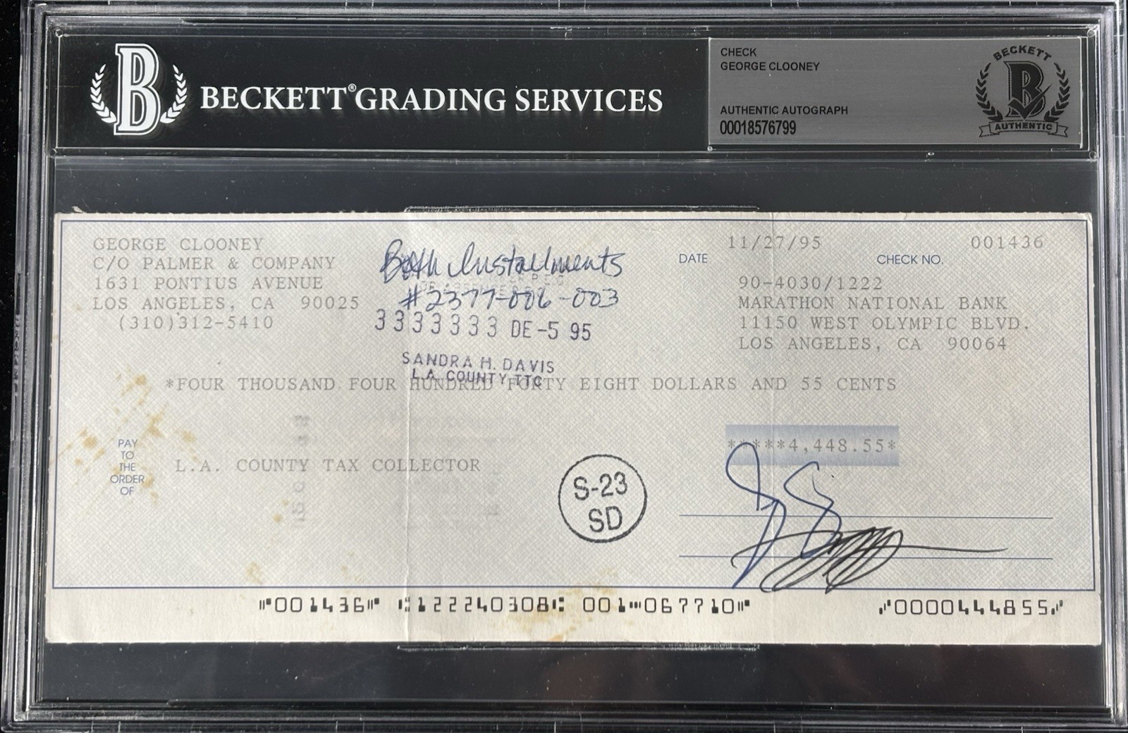 George Clooney Signed Check Beckett BAS Slabbed Autograph Hollywood Legend🎥