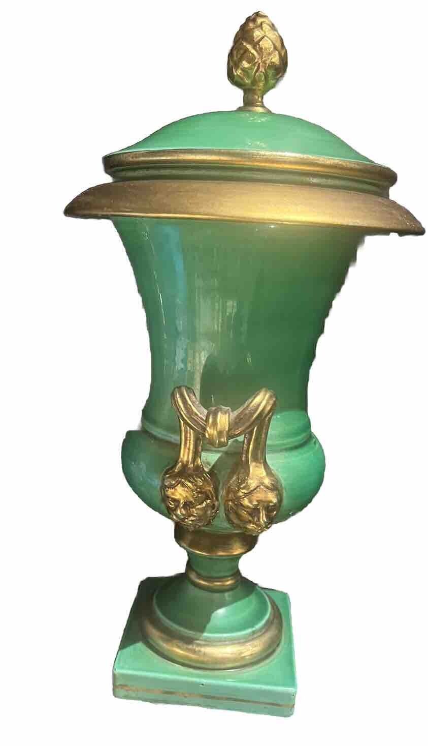 vintage italian Green Ornate Vase With Lid And Gold Gilded Heads 