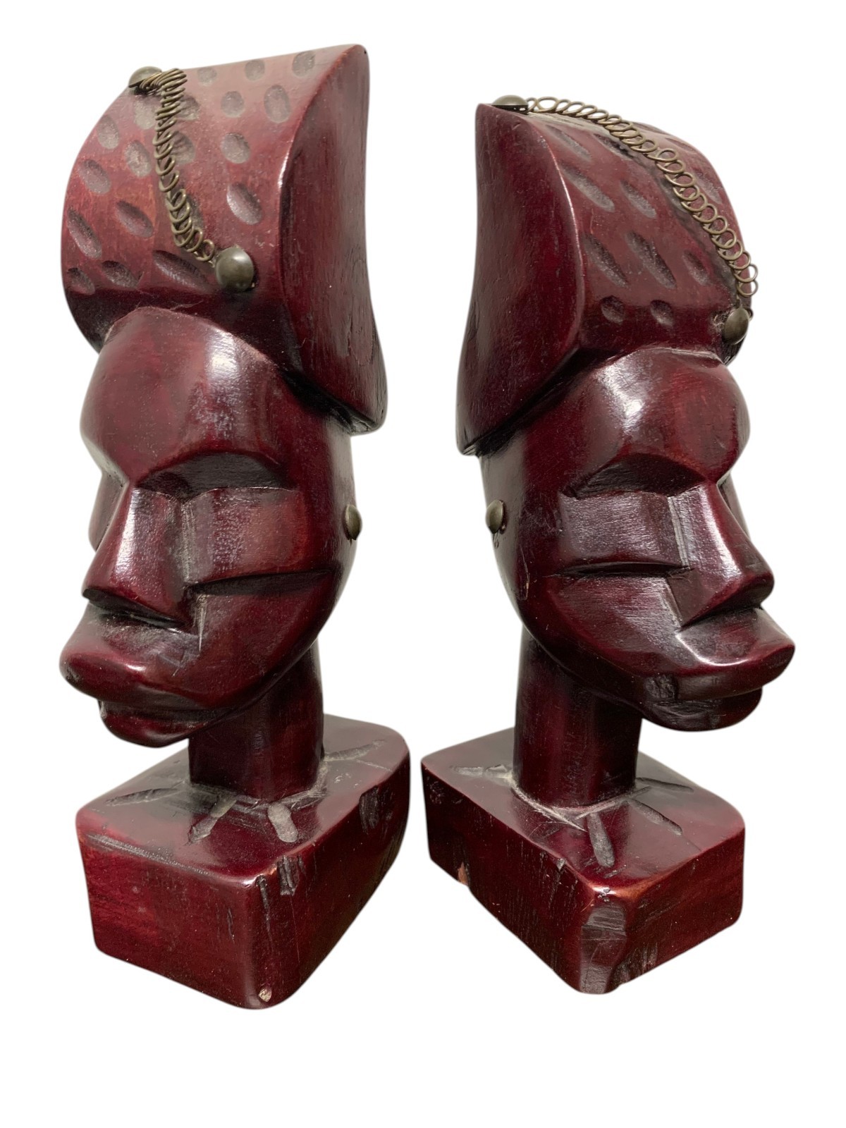 Vtge Hand Carved African Tribal Wooden Bookends Cherry Stained W/ Metal Details