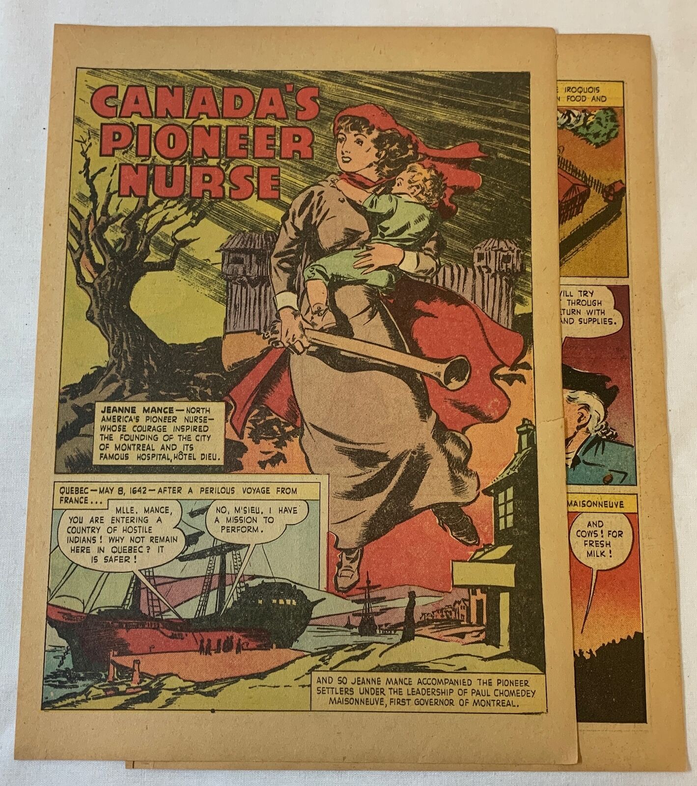1943 three and a half page cartoon story ~ JEANNE MANCE Canada\'s Pioneer Nurse