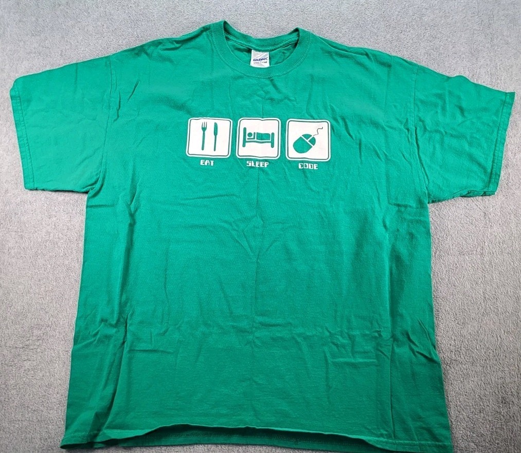 “Eat, Sleep, Code” Green Unisex T-Shirt, XL Gildan 100% Cotton Excellent 