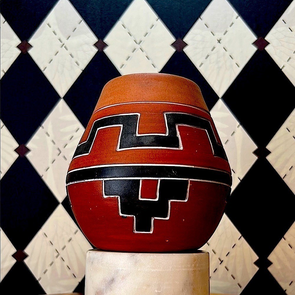 Vintage Redware Folk Pottery Vase Hand-Painted Geometric Tribal Design Primitive