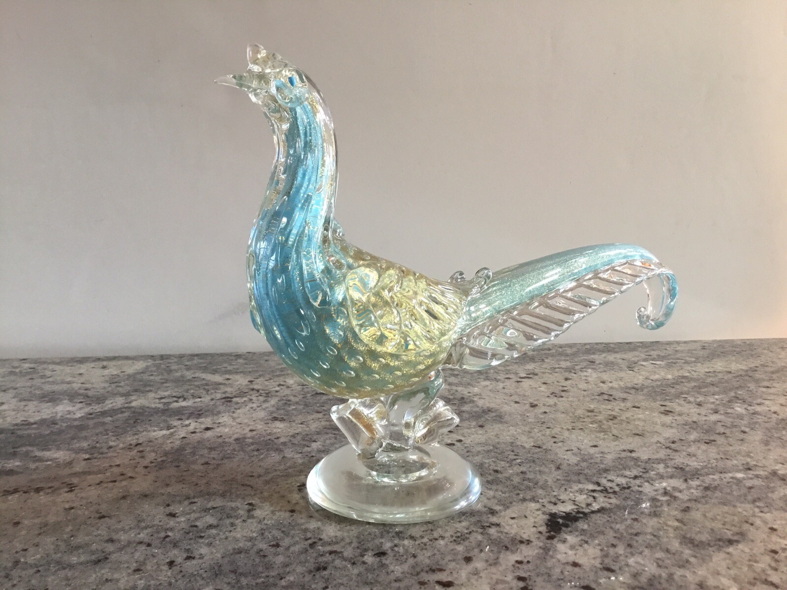 Vintage Alfredo Barbini Murano Glass Turquoise Pheasant - Missing Crown