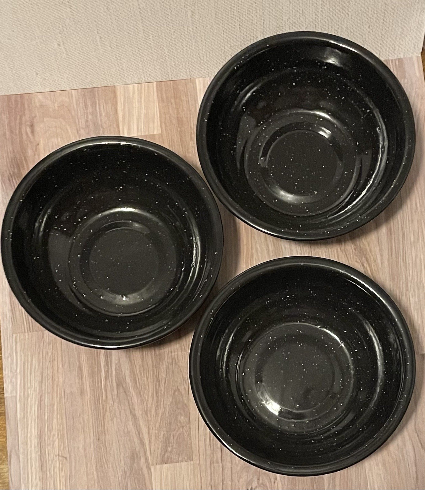 3 Vintage Black Enamelware Graniteware Bowls 6” Wide Camping Rustic Country