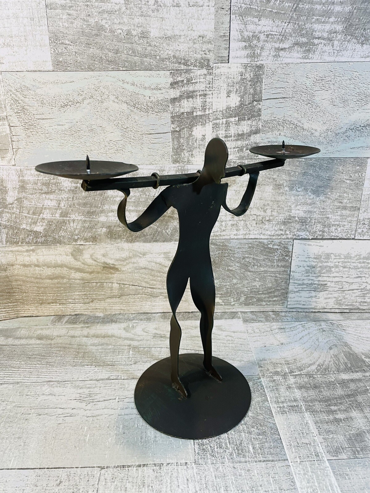 Metal Man Balancing Art Deco Candle Holder Worker Laborer Primitive 10” Tall