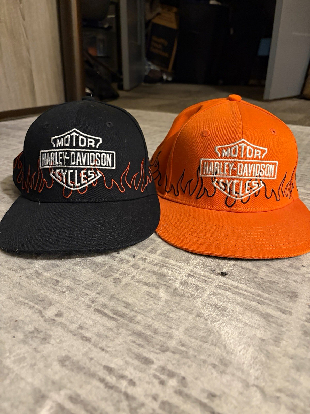 Harley-Davidson Flame Embroidered Snapback Hats Black/Orange Lot of 2