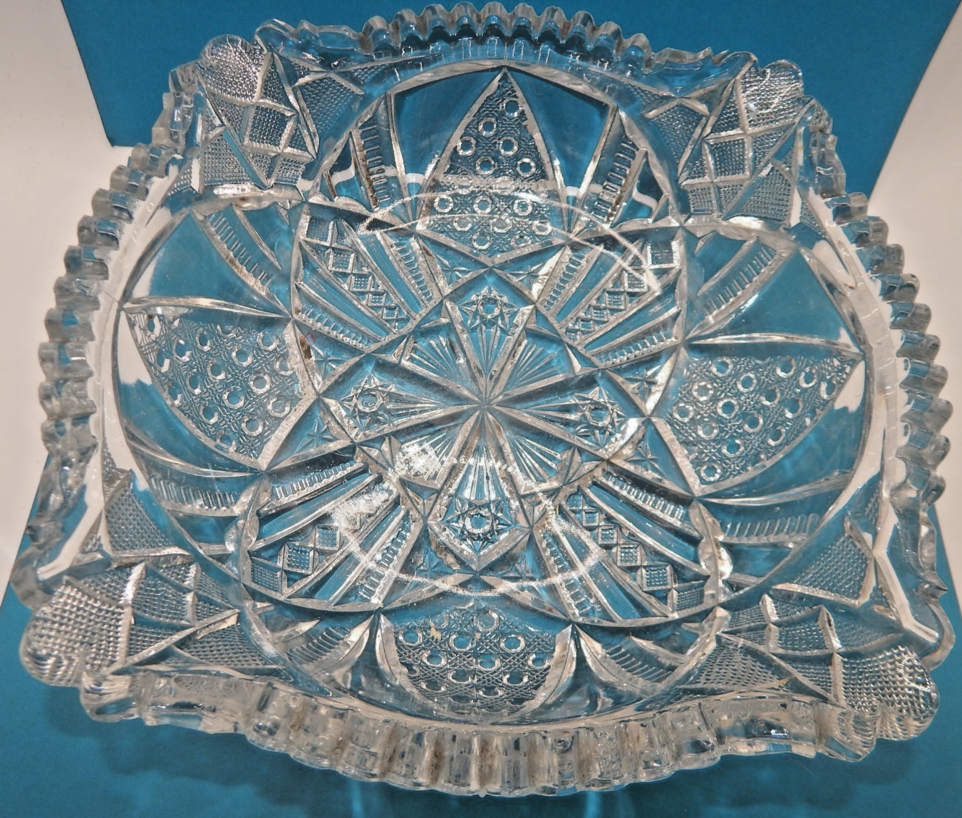 Clear Pressed Glass Square Bowl 8 1/4” Starburst EAPG Style Candy Nut Dish