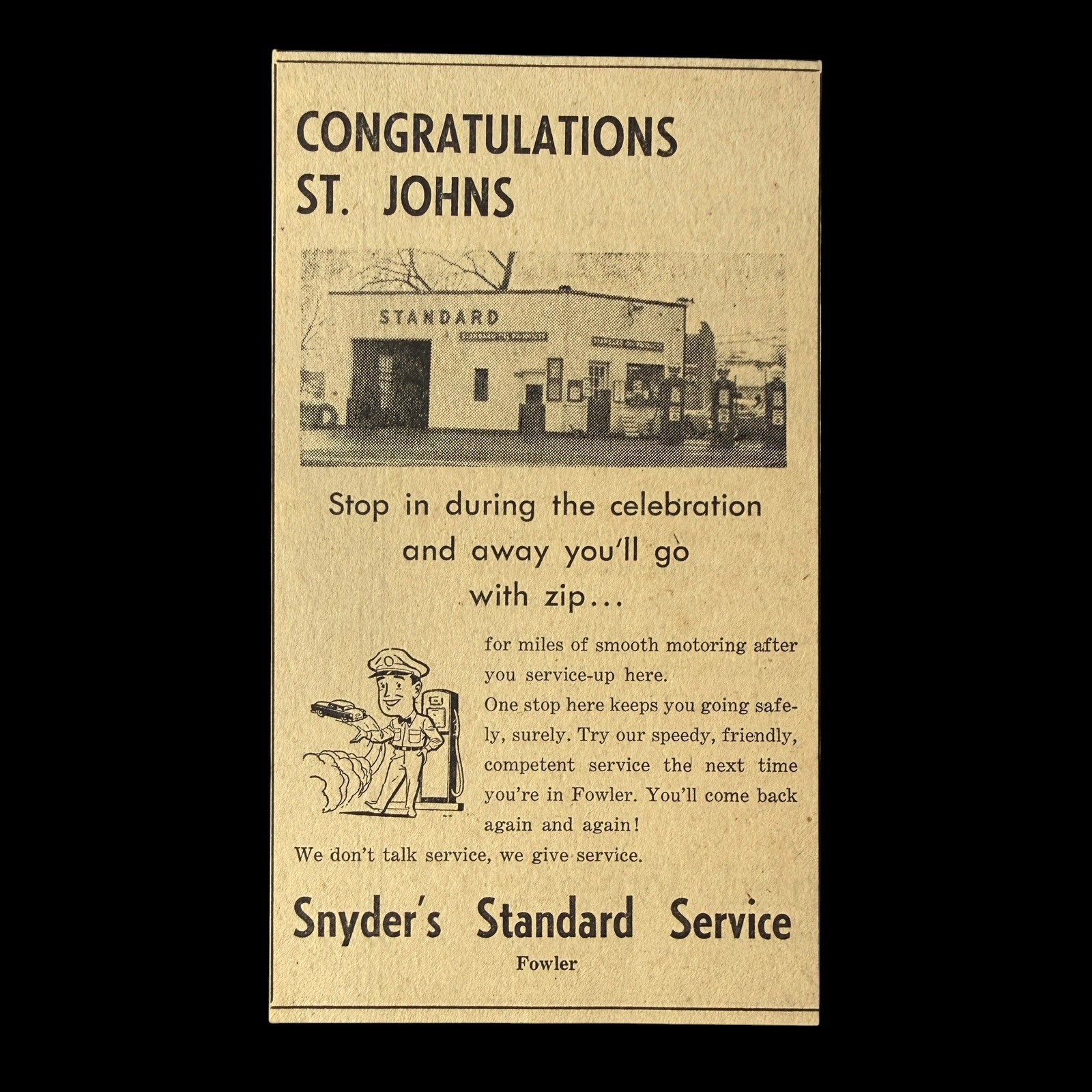 Vintage Snyder's Standard Service Fowler Michigan Gas Station St Johns Ad