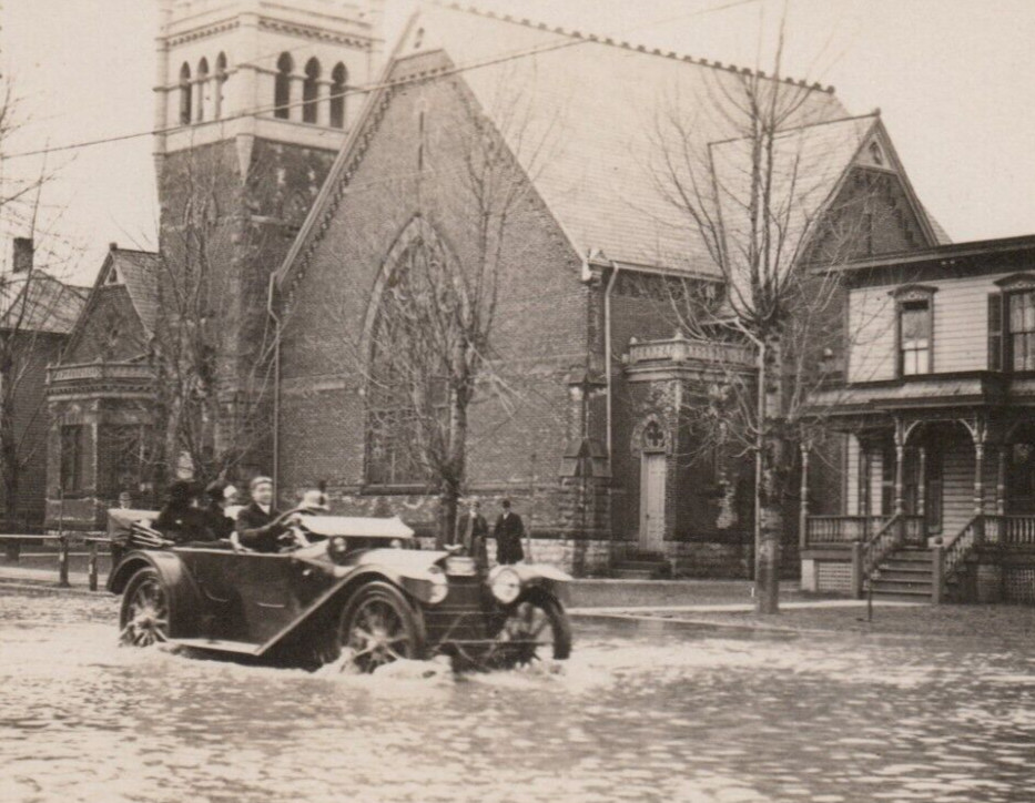 Massive Flood Downtown Underwater Disaster People Early Car RPPC Postcard
