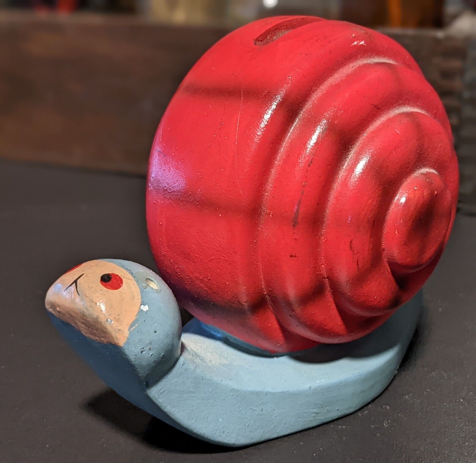 Vintage Japan Ceramic SNAIL Piggy Bank 4” Colorful Red Blue Money Saver Bank