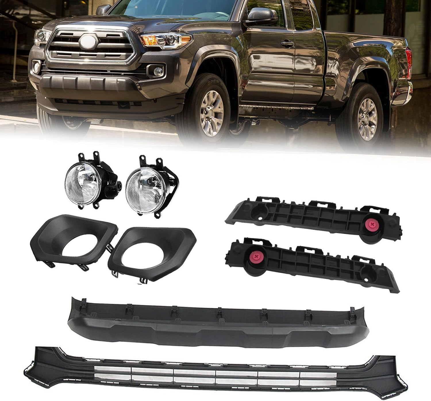 Front Lower Grille & Bumper Valance Lower Skid Plate Panel & Foglights Set & Bra