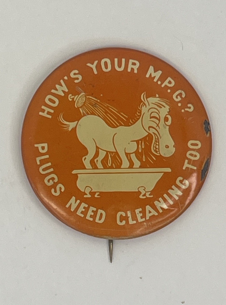 Vintage AC Delco Sparky The Donkey “How’s  Your M.P.G.” Orange Pinback Button