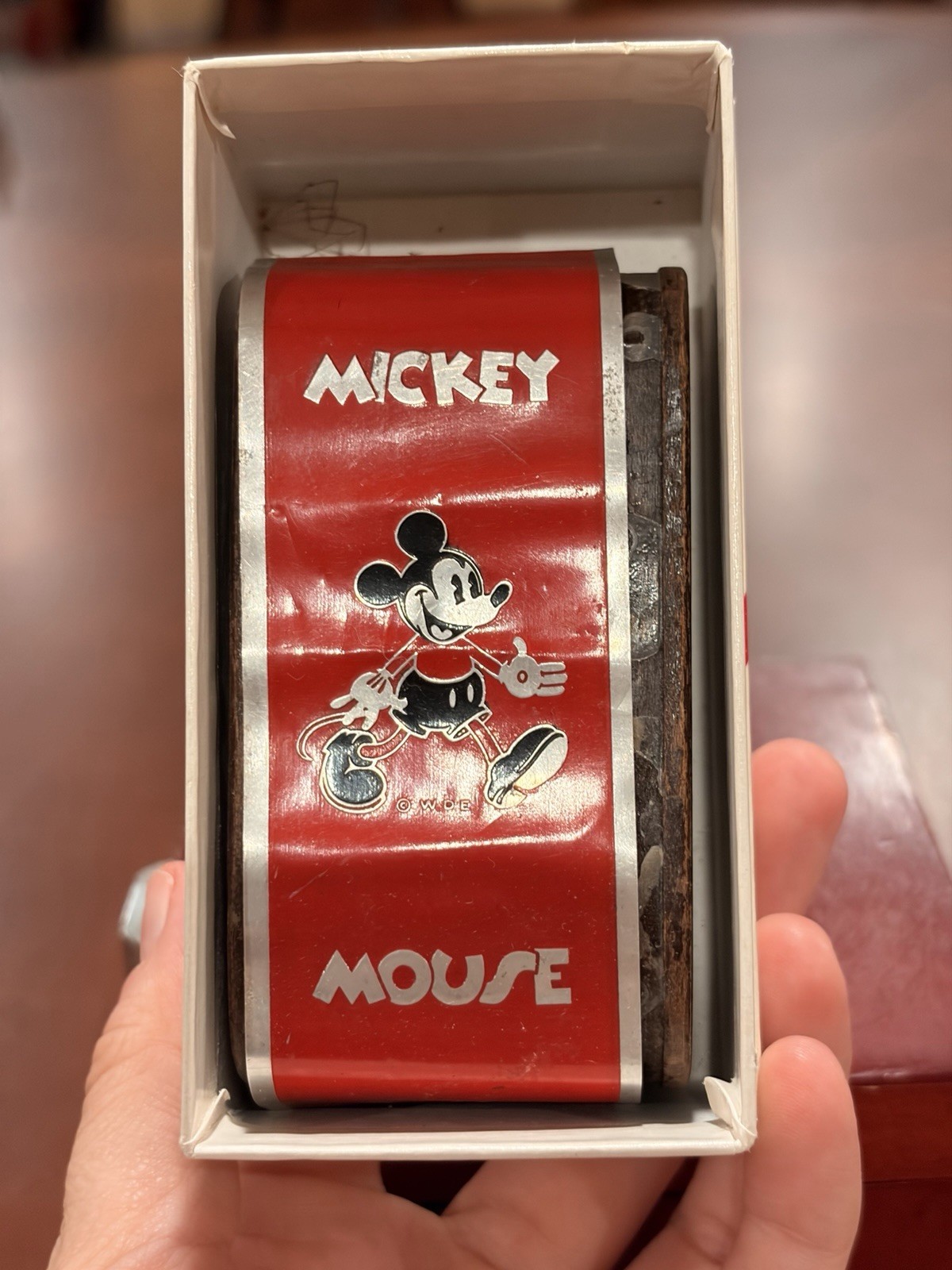 Vintage 1930s Mickey Mouse Tin Wood Clothes Brush - Hughes WDE Original Box RARE