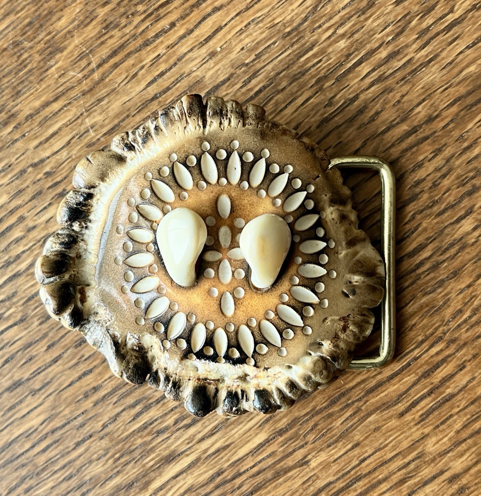 Vintage handmade Belt Buckle made from Elk Antler Burr & 2 Elk Tooth Trophy