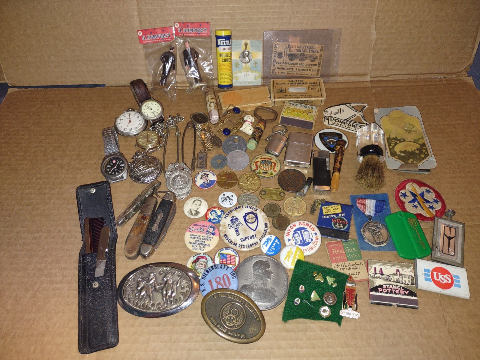 Vintage Junk Drawer Lot Knives, Lighters, Sterling Set, Pins, Medals, Coins +++