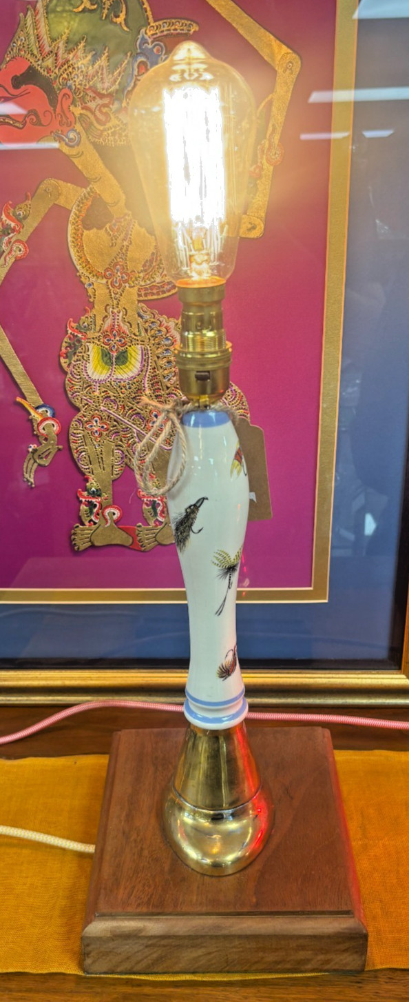 Unique Upcycled Vintage Ceramic Beer Pump Handle Table Lamp On Wood Base