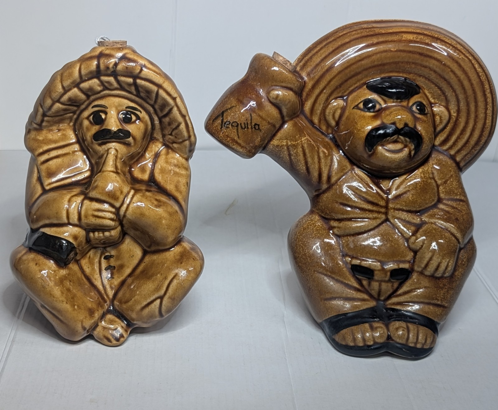 Vintage Mexican Ceramic Tequila Decanters Sombrero Men Flasks Set of 2 Brown