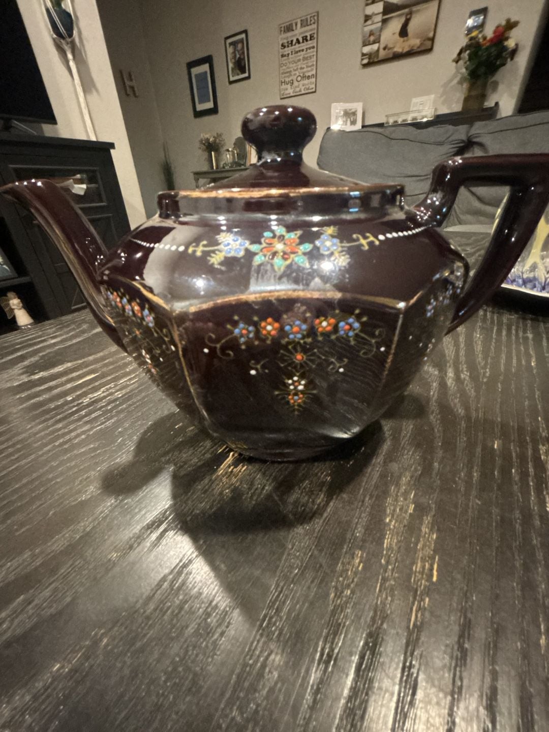 Vintage Moriage Hand Painted Redware Teapot Brown Floral