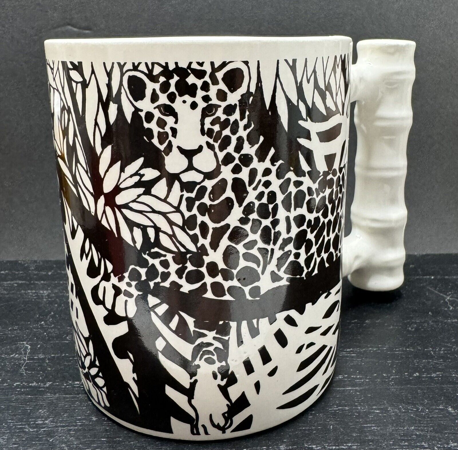 VTG Royal Crown Arnart Leopard Safari Ceramic Mug Bamboo Handle Design