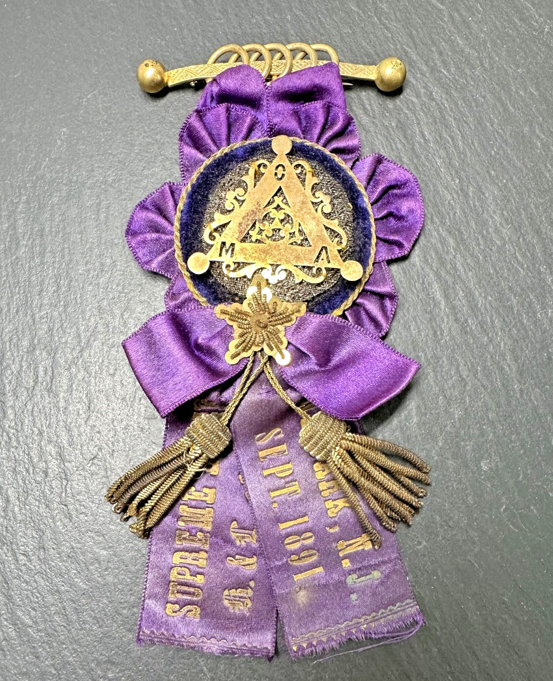 RARE 1891 NEWARK NEW JERSEY SUPREME LODGE KNIGHTS & LADIES OF HONOR RIBBON N199