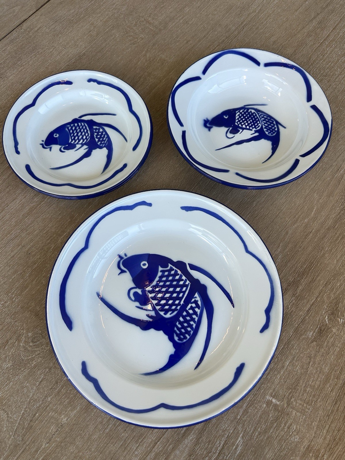 Lot Of Vintage Chinese Enamelware Plates Dinner 4 Salad 3 Bowls 2 Blue Koi Fish