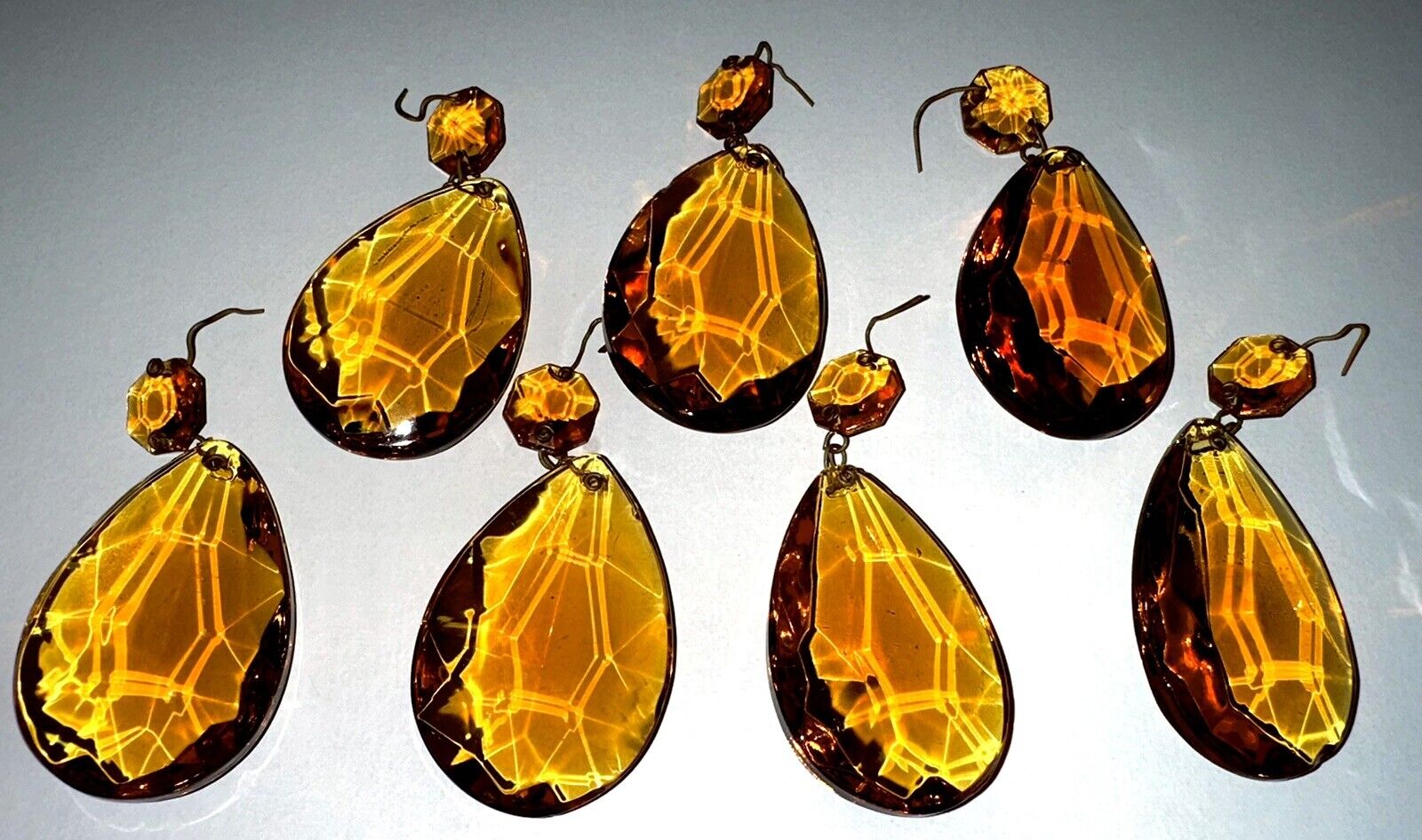 Lot of 7 Vintage Amber Glass Pendalogue Prisms 2